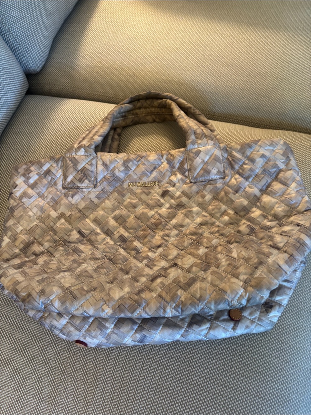 MZ WALLACE Quilted Tote in Light Taupe Woven-Check